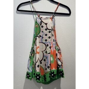 Free People Size Small I Dare You Tank Green Bold Floral Groovy Retro Print Boho